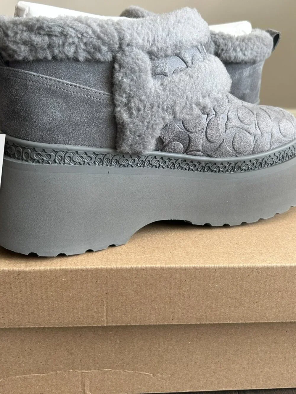 Coach Christina Signature Shearling Platform Boot Charcoal Gray Women 11